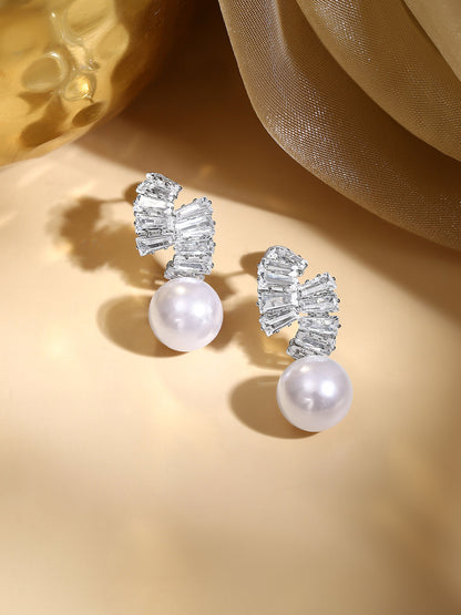 Rhodium Plated Crystal Bow Knot Pearl Drop Earrings