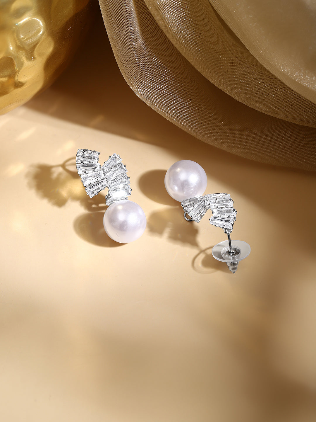 Rhodium Plated Crystal Bow Knot Pearl Drop Earrings