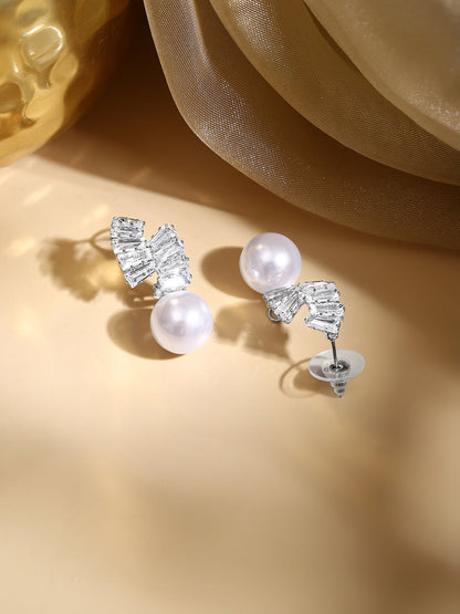 Rhodium Plated Crystal Bow Knot Pearl Drop Earrings