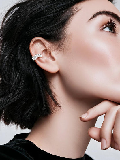 Rhodium Plated Crystal Baguette Statement Cuff Earrings
