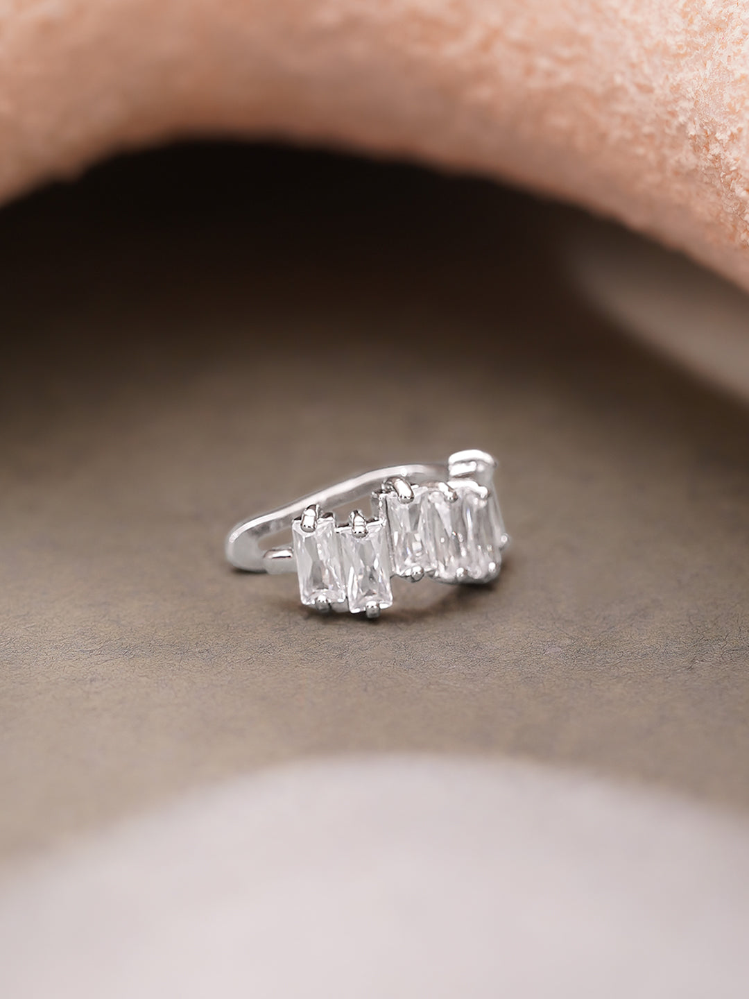 Rhodium Plated Crystal Baguette Statement Cuff Earrings