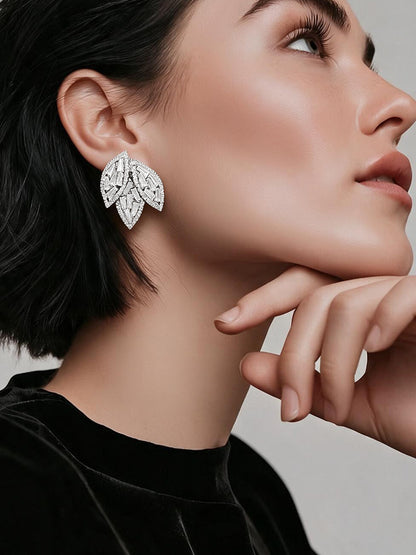 Rhodium Plated Crystal Leaf Cluster Stud Earrings