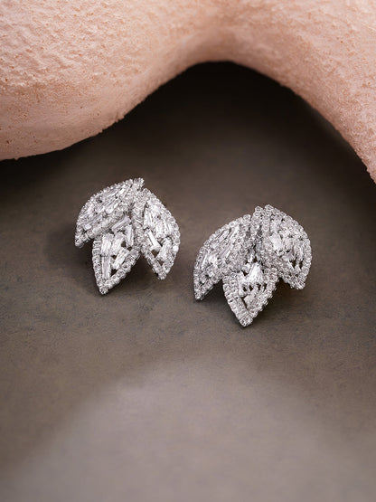 Rhodium Plated Crystal Leaf Cluster Stud Earrings