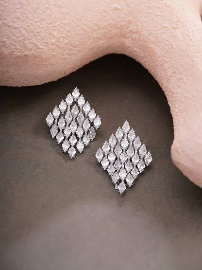 Rhodium Plated Crystal American Diamond Grid Stud Earrings