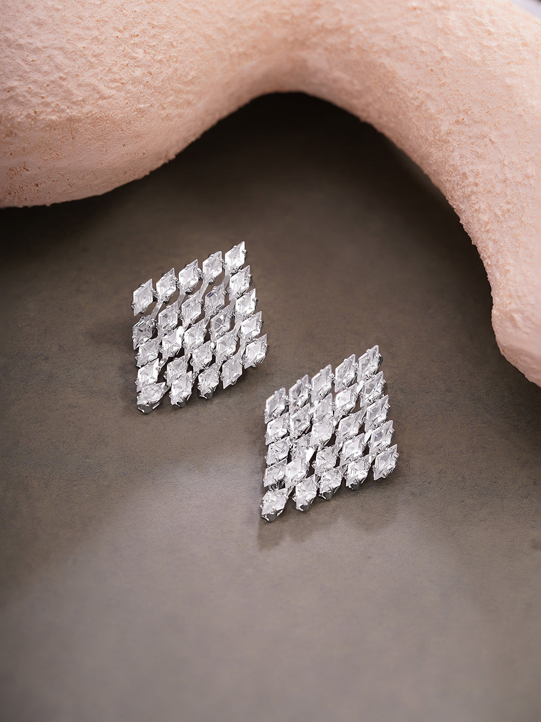 Rhodium Plated Crystal American Diamond Grid Stud Earrings