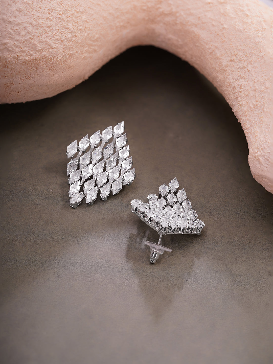 Rhodium Plated Crystal American Diamond Grid Stud Earrings