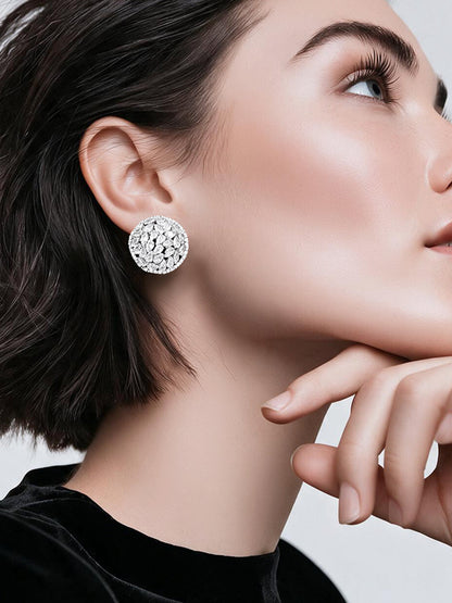 Rhodium Plated Crystal Dome Cluster Stud Earrings