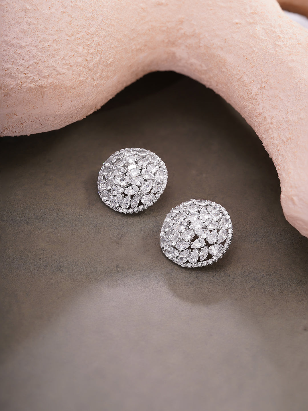 Rhodium Plated Crystal Dome Cluster Stud Earrings