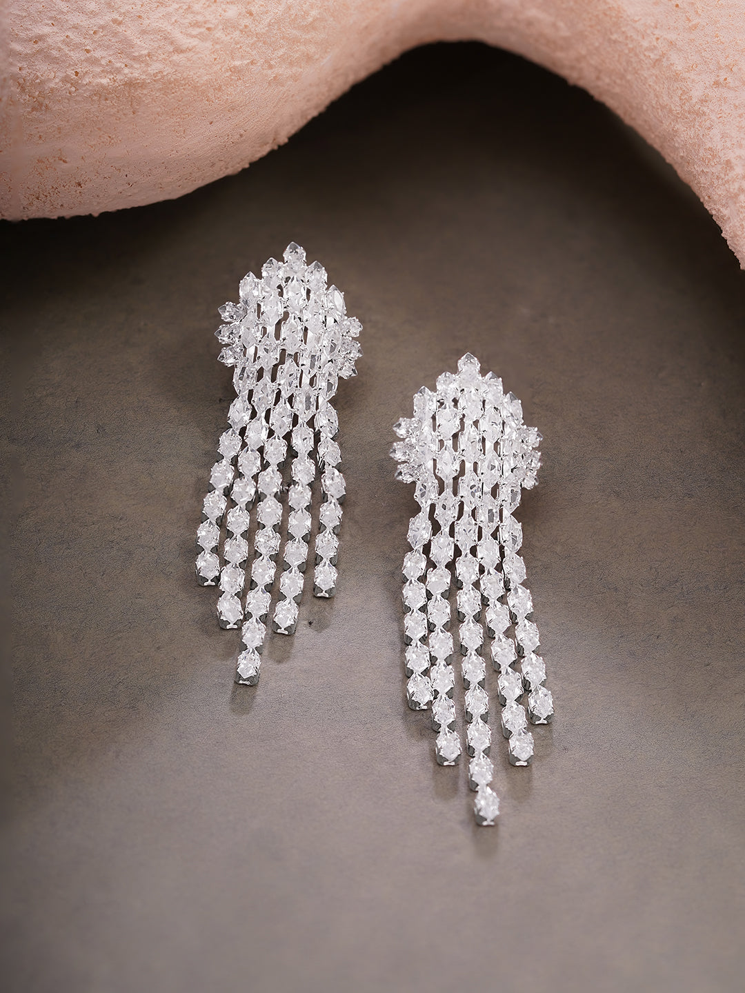 Rhodium Plated Crystal Drop Tassel Earrings