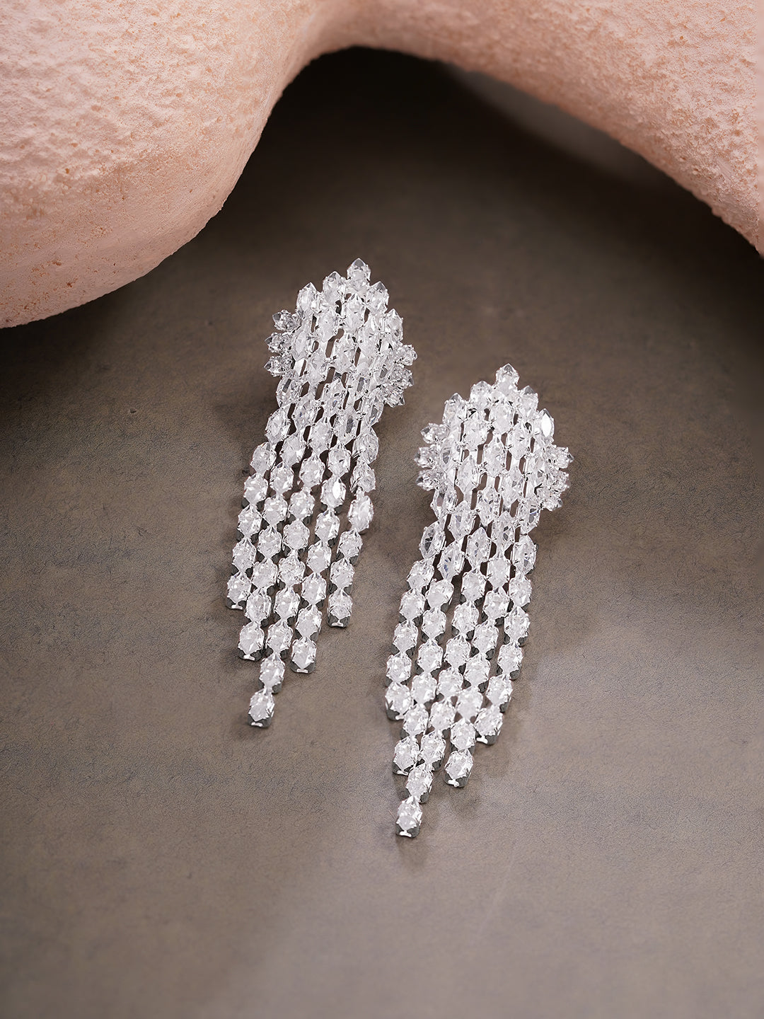 Rhodium Plated Crystal Drop Tassel Earrings