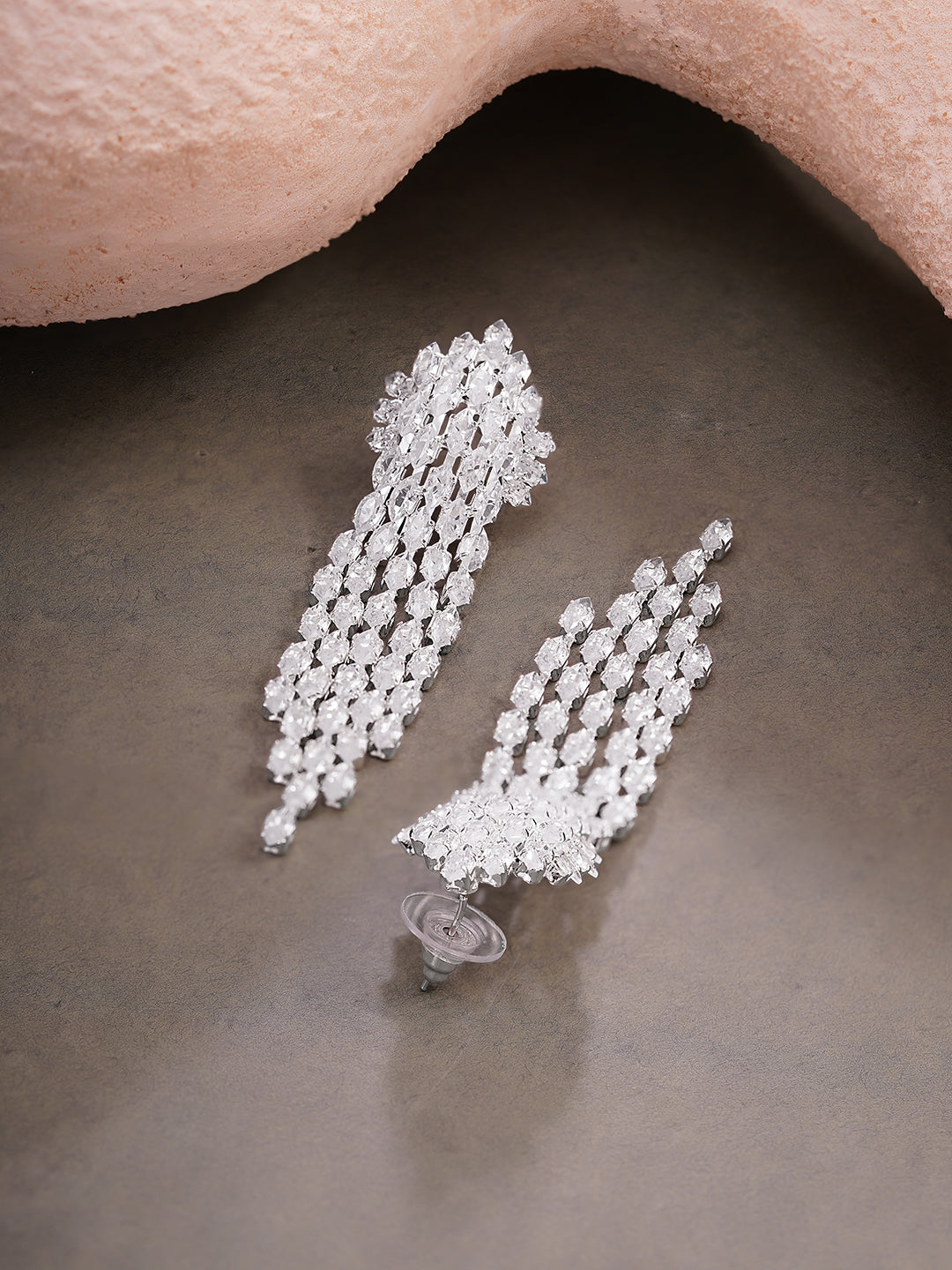 Rhodium Plated Crystal Drop Tassel Earrings
