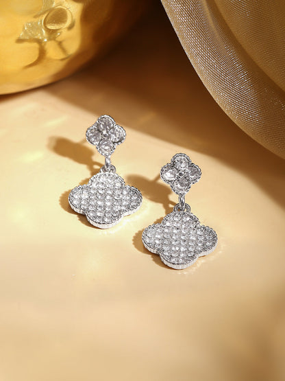 Rhodium Plated Crystal Clover Charm Drop Earrings