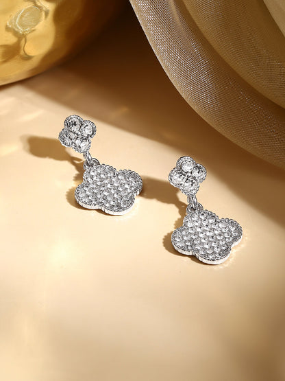 Rhodium Plated Crystal Clover Charm Drop Earrings