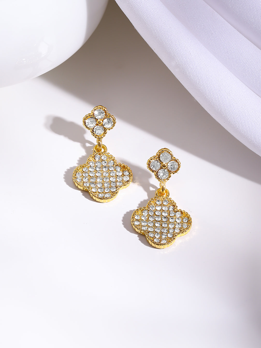 Gold Plated Crystal Clover Charm Drop Earrings