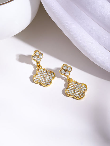 Gold Plated Crystal Clover Charm Drop Earrings