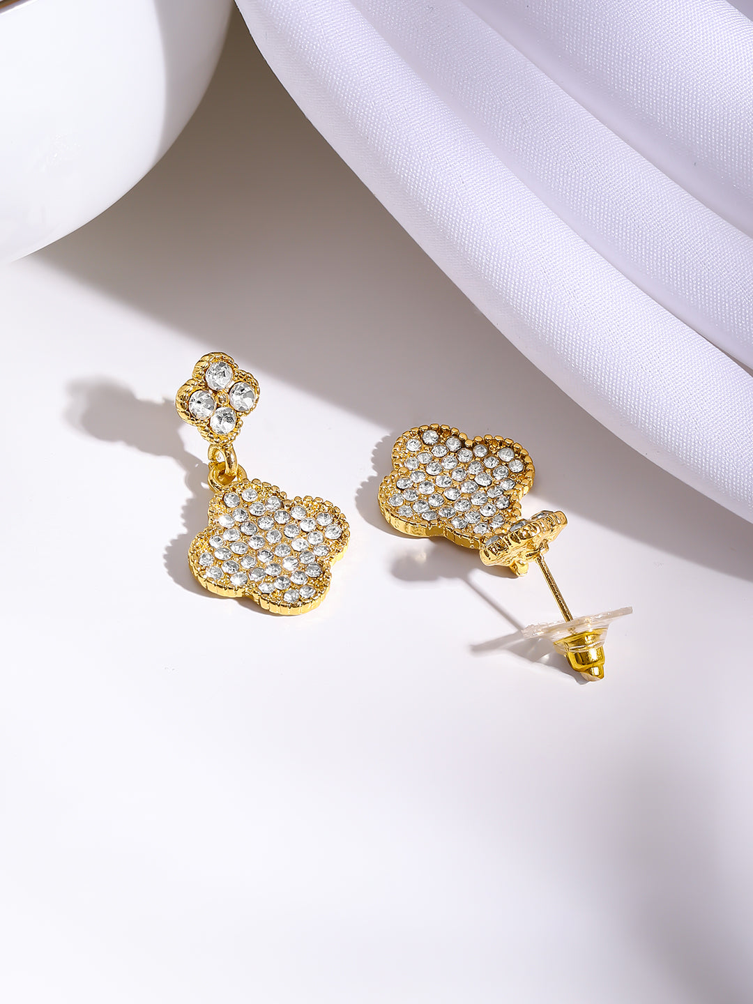 Gold Plated Crystal Clover Charm Drop Earrings