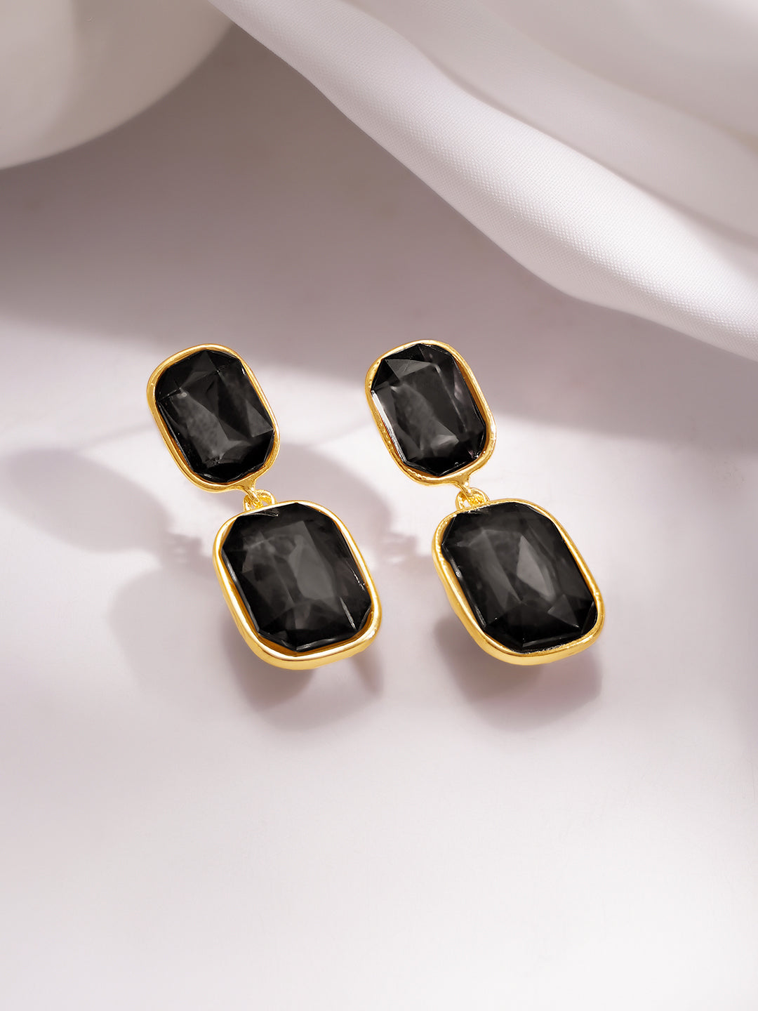 Gold Plated Geometric Crystal Black onyx Drop Earrings