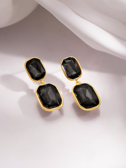 Gold Plated Geometric Crystal Black onyx Drop Earrings