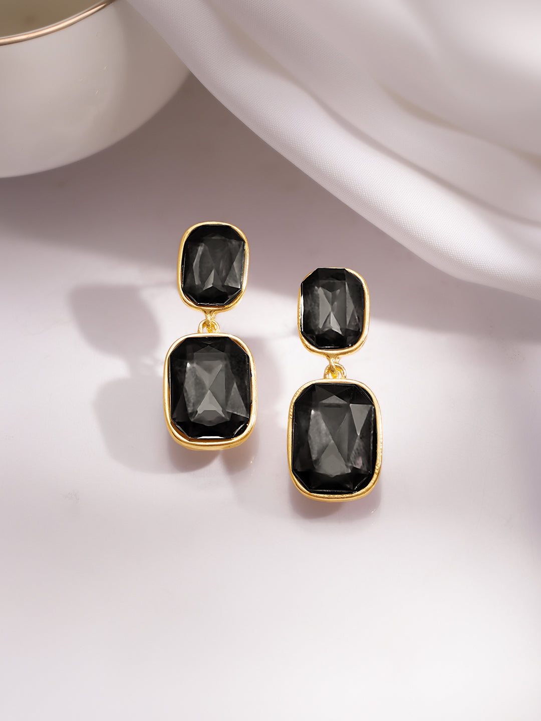 Gold Plated Geometric Crystal Black onyx Drop Earrings