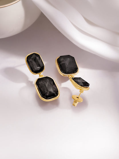 Gold Plated Geometric Crystal Black onyx Drop Earrings