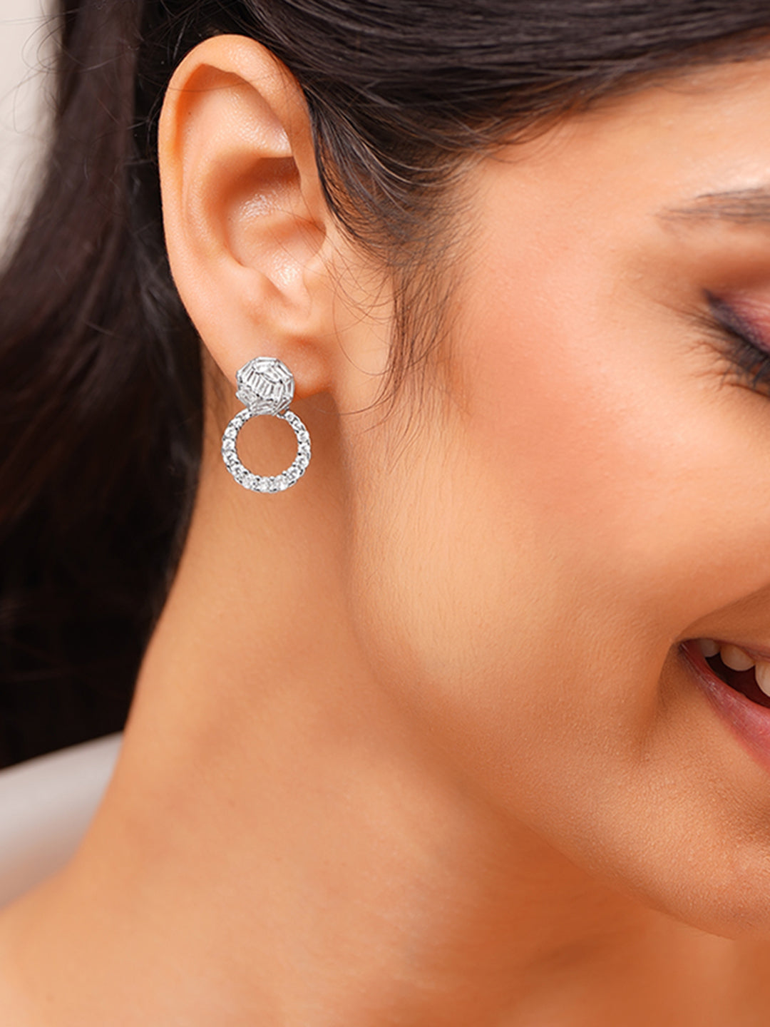 Rhodium Plated American Diamond Zirconia circular Drop Stud Earrings