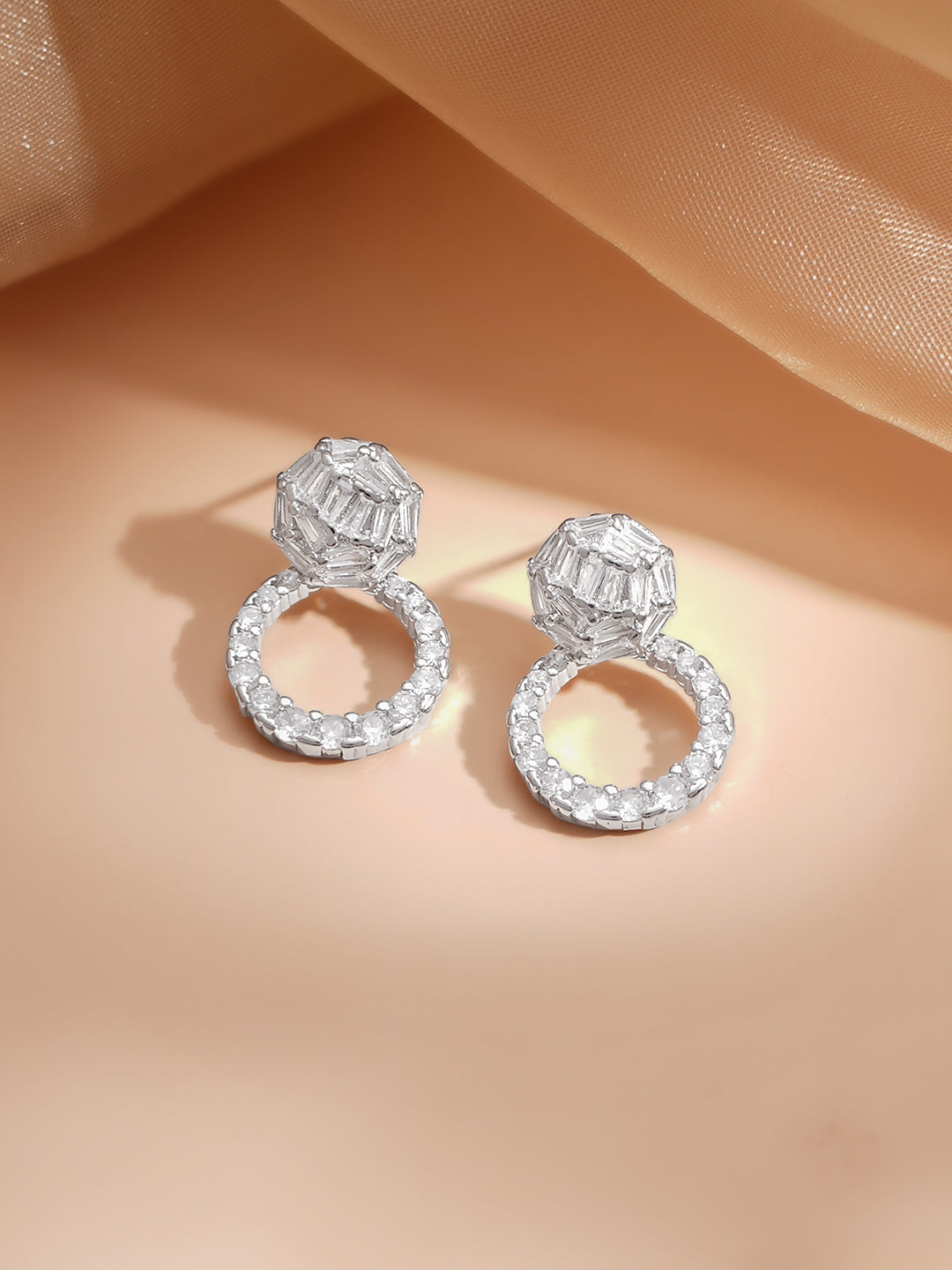 Rhodium Plated American Diamond Zirconia circular Drop Stud Earrings