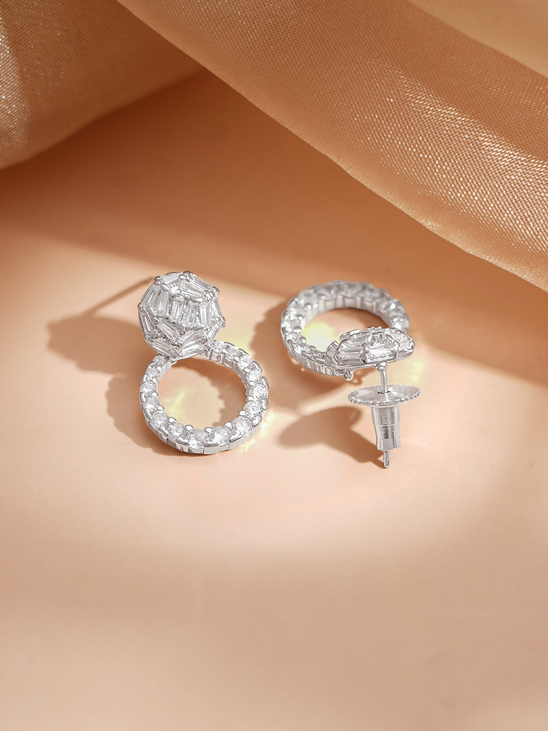 Rhodium Plated American Diamond Zirconia circular Drop Stud Earrings
