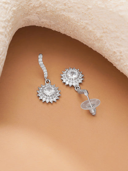 Rhodium Plated American Diamond Zirconia floral Drop Earrings