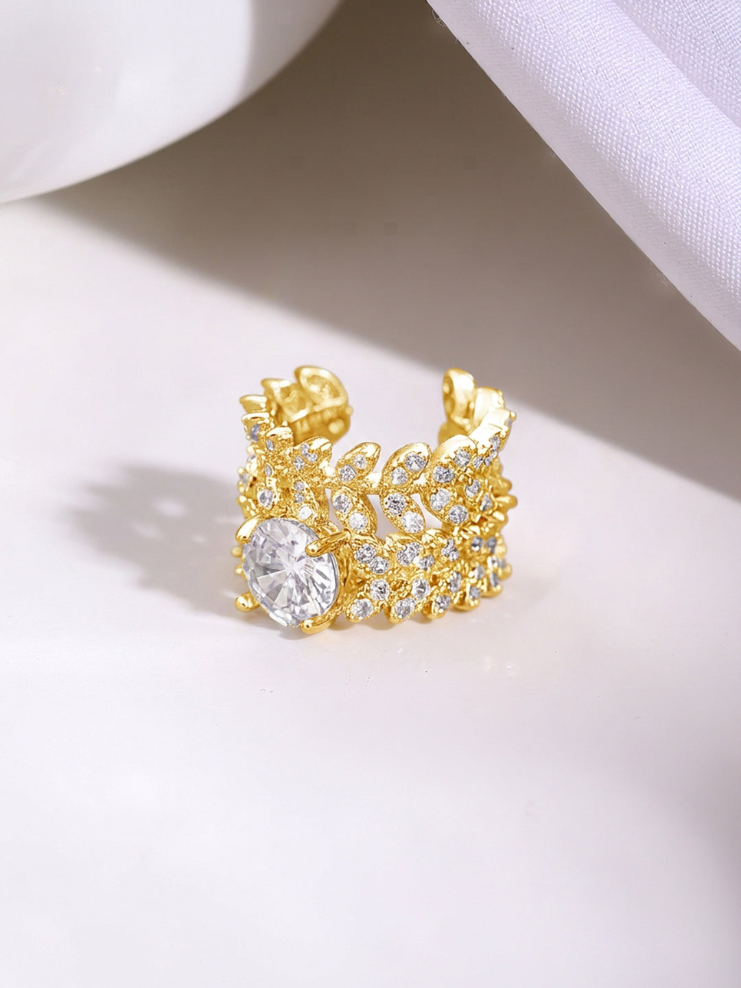 Gold Plated Crystal Leaf Vine Statement Cuff Earrings
