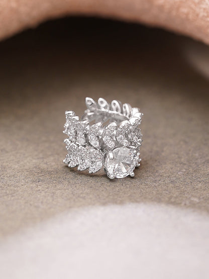 Rhodium Plated Crystal Leaf Vine Statement Cuff Earrings
