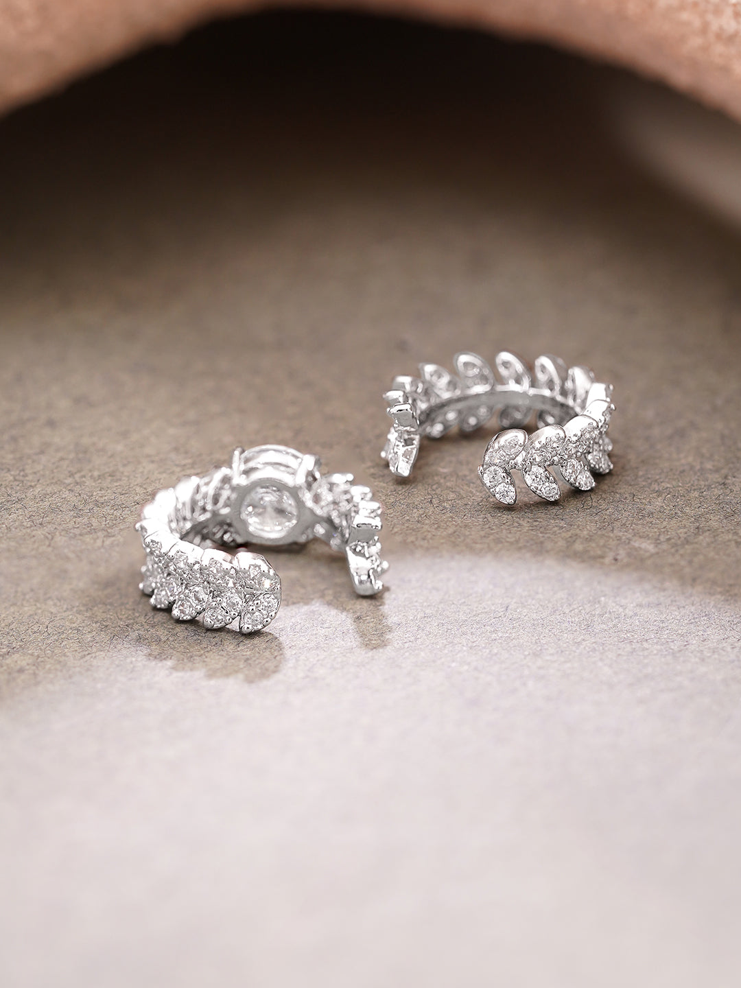 Rhodium Plated Crystal Leaf Vine Statement Cuff Earrings