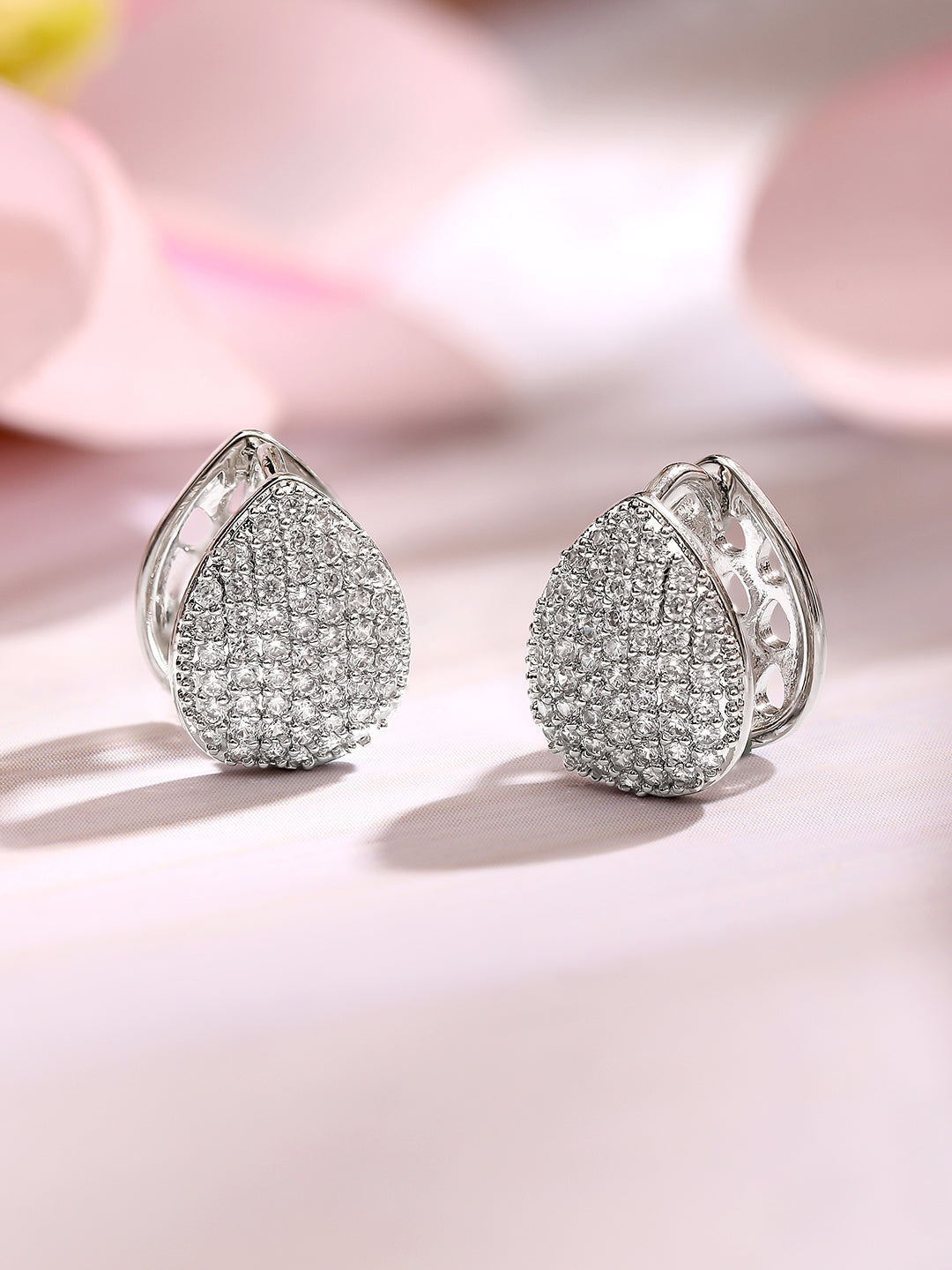 Rhodium Plated American Diamond Zirconia Teardrop Hoop Earrings
