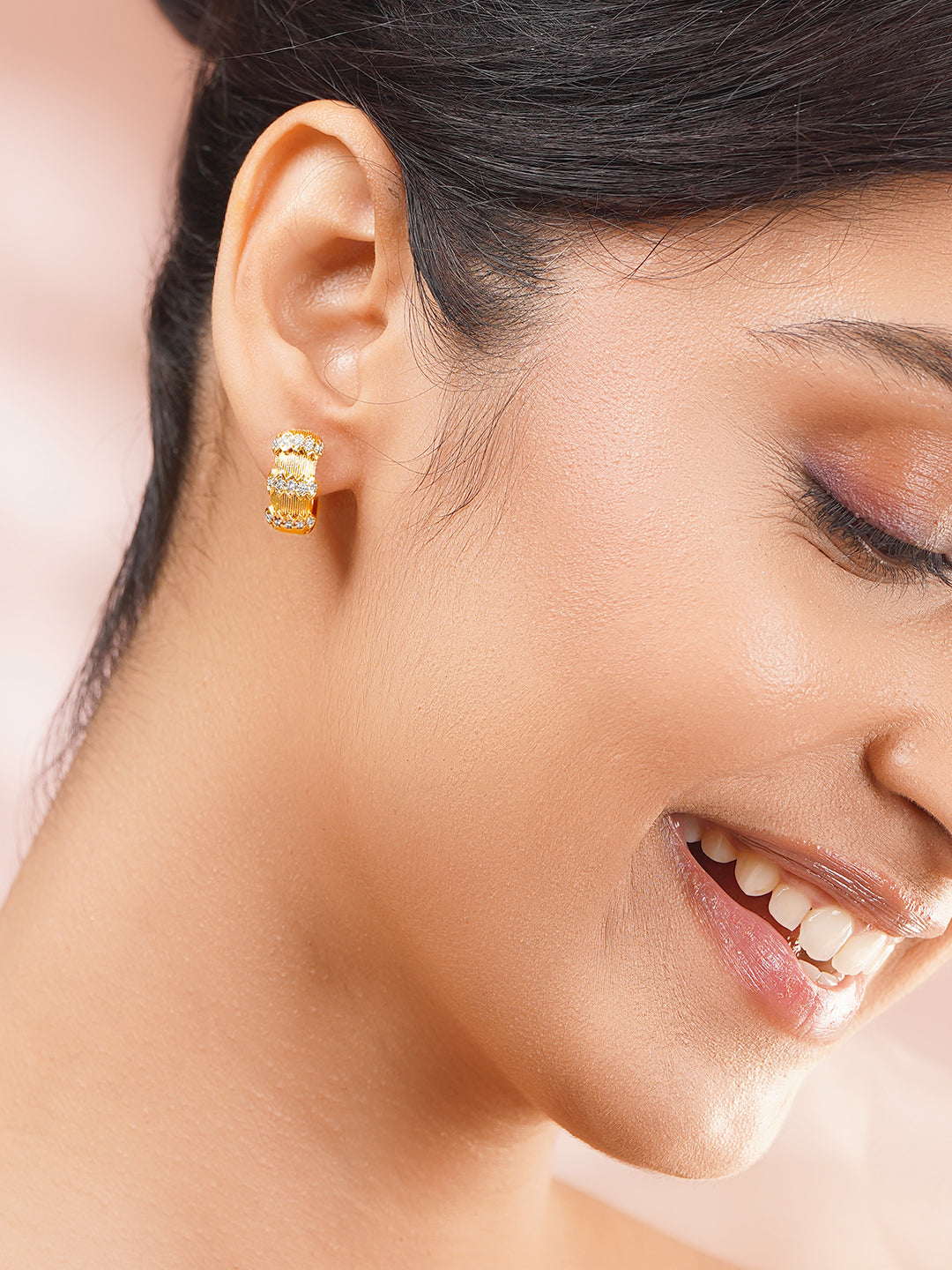 Gold Plated American Diamond Zirconia Zigzag Textured Hoop Earrings