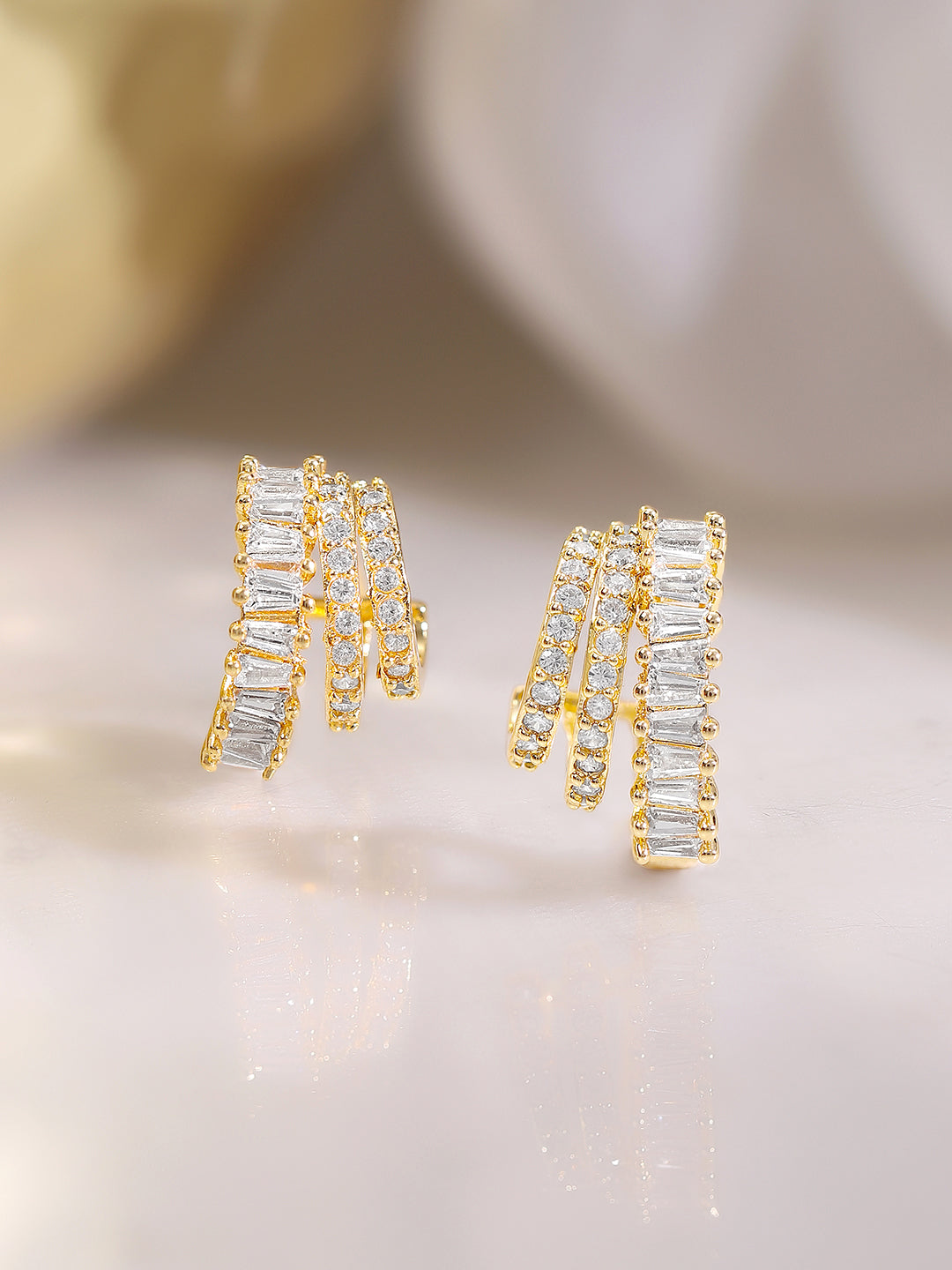 Gold Plated American Diamond Zirconia Leaf Design Hoop Earrings