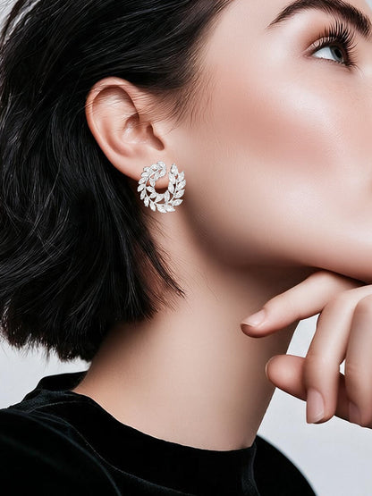 Rhodium Plated Crystal Leaf Wreath Stud Earrings