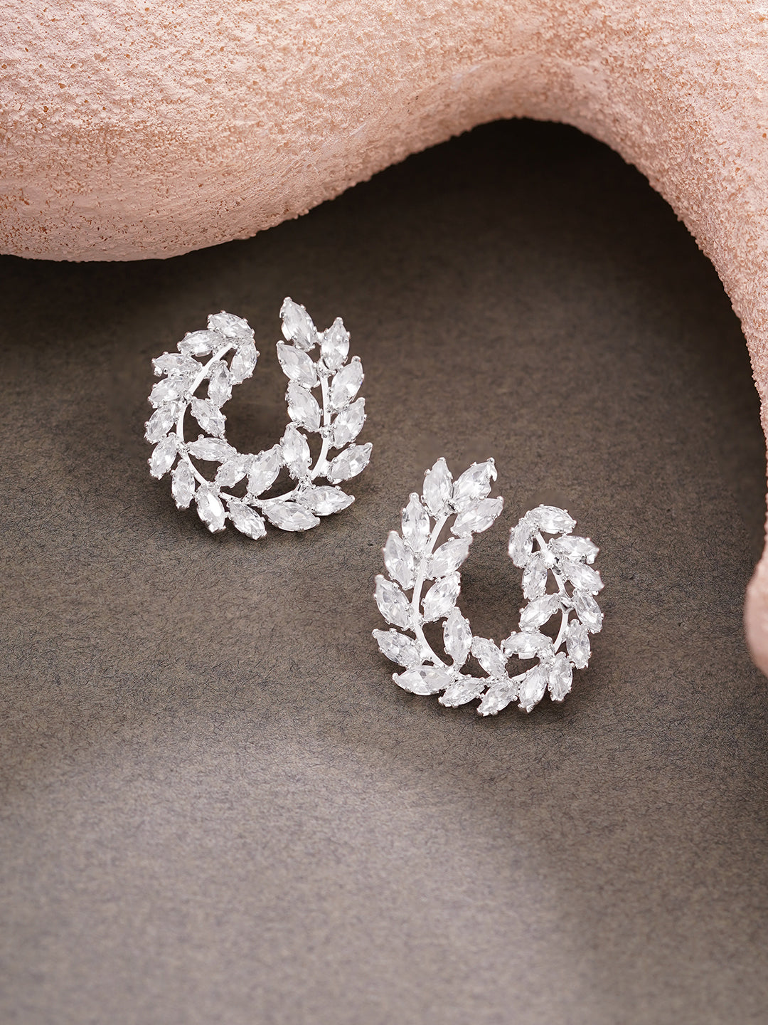 Rhodium Plated Crystal Leaf Wreath Stud Earrings
