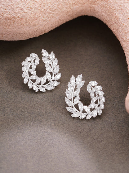 Rhodium Plated Crystal Leaf Wreath Stud Earrings