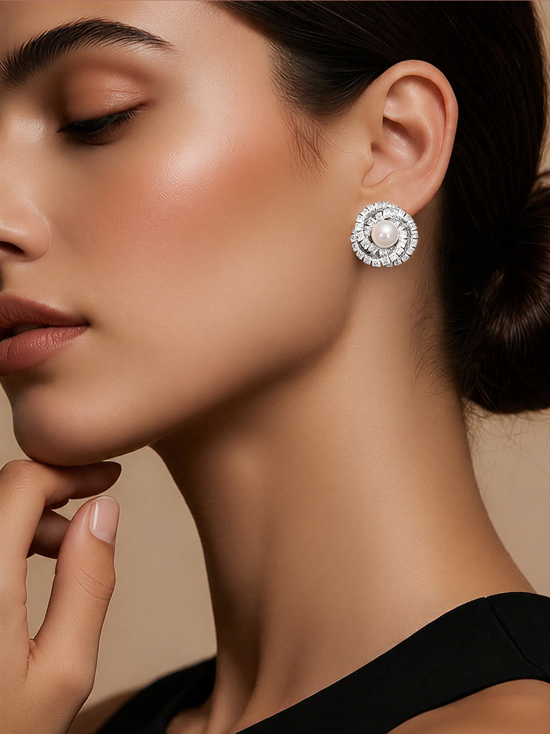 Rhodium Plated Pearl Halo Spiral Stud Earrings