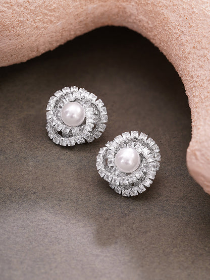 Rhodium Plated Pearl Halo Spiral Stud Earrings