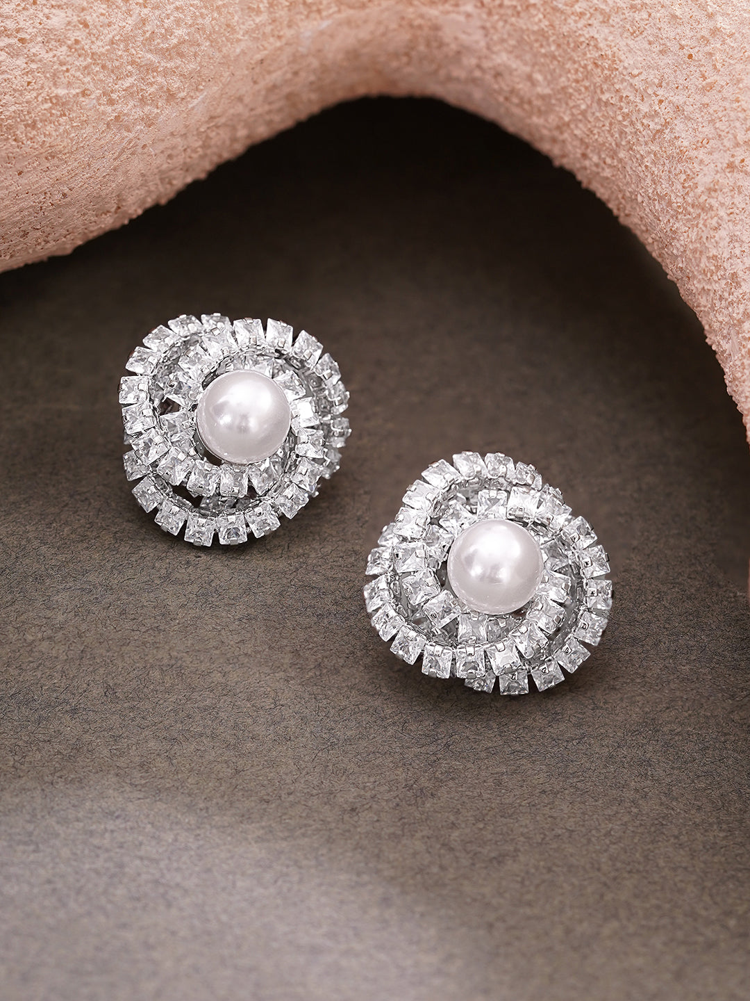Rhodium Plated Pearl Halo Spiral Stud Earrings