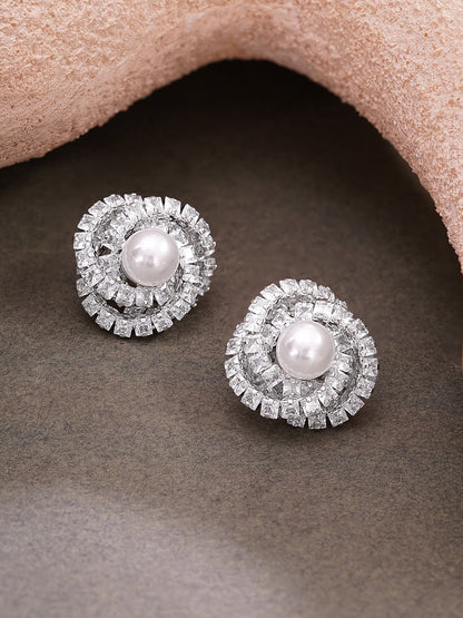 Rhodium Plated Pearl Halo Spiral Stud Earrings