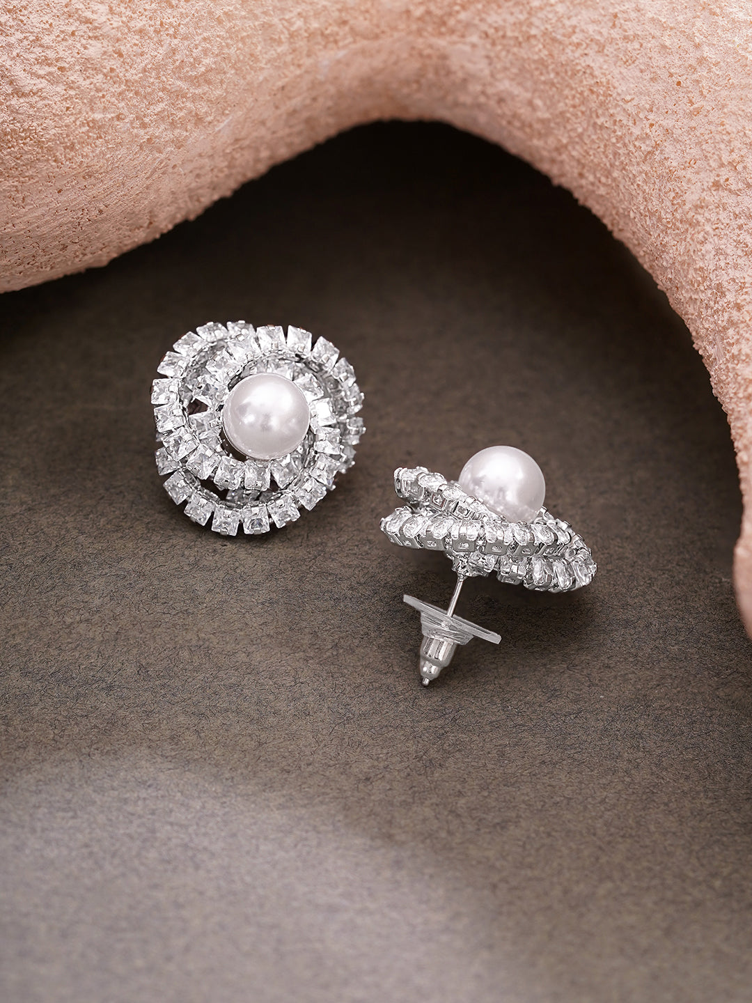 Rhodium Plated Pearl Halo Spiral Stud Earrings