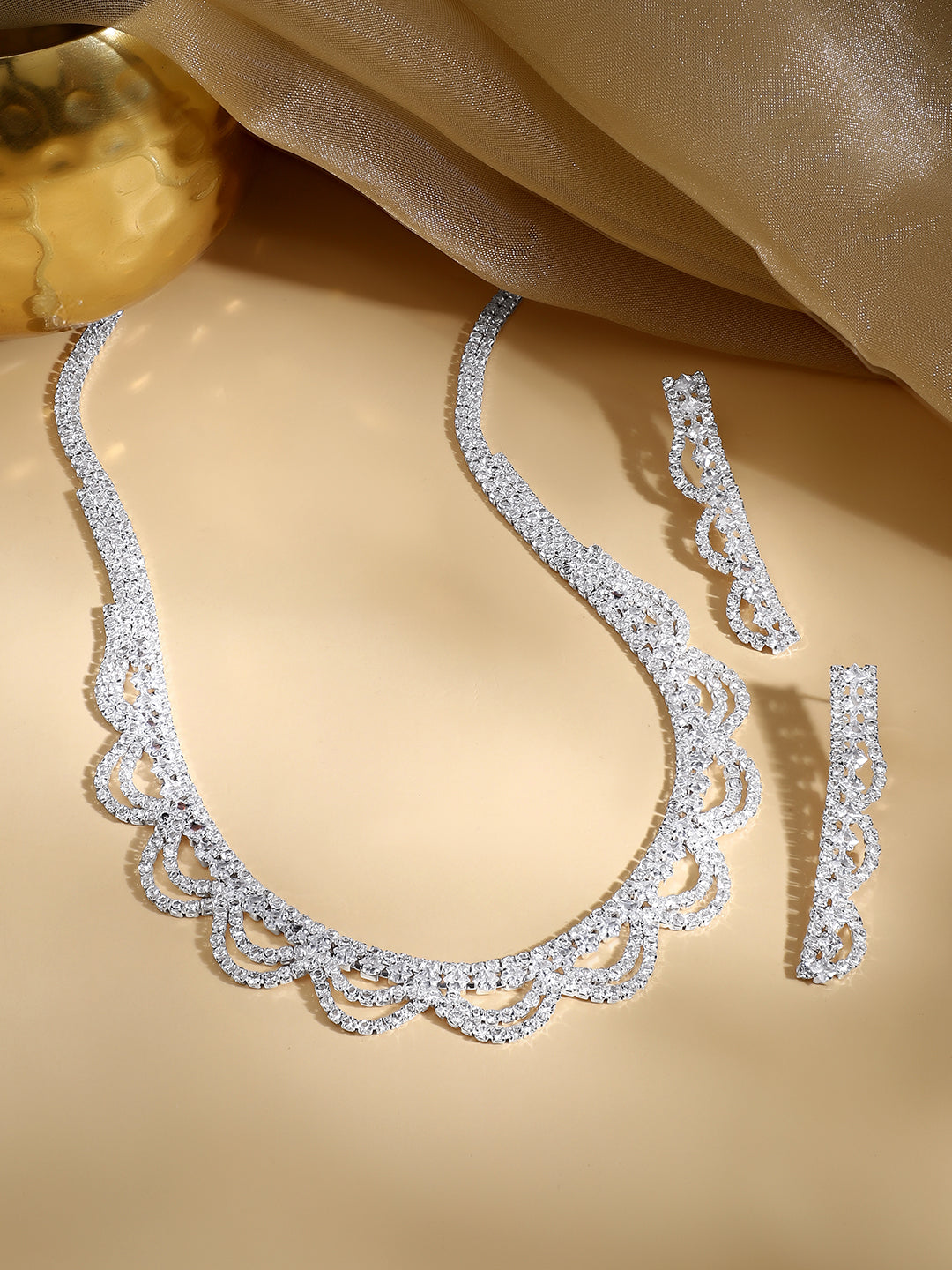 Rhodium Plated Starlight Crystal Scallop Necklace Set