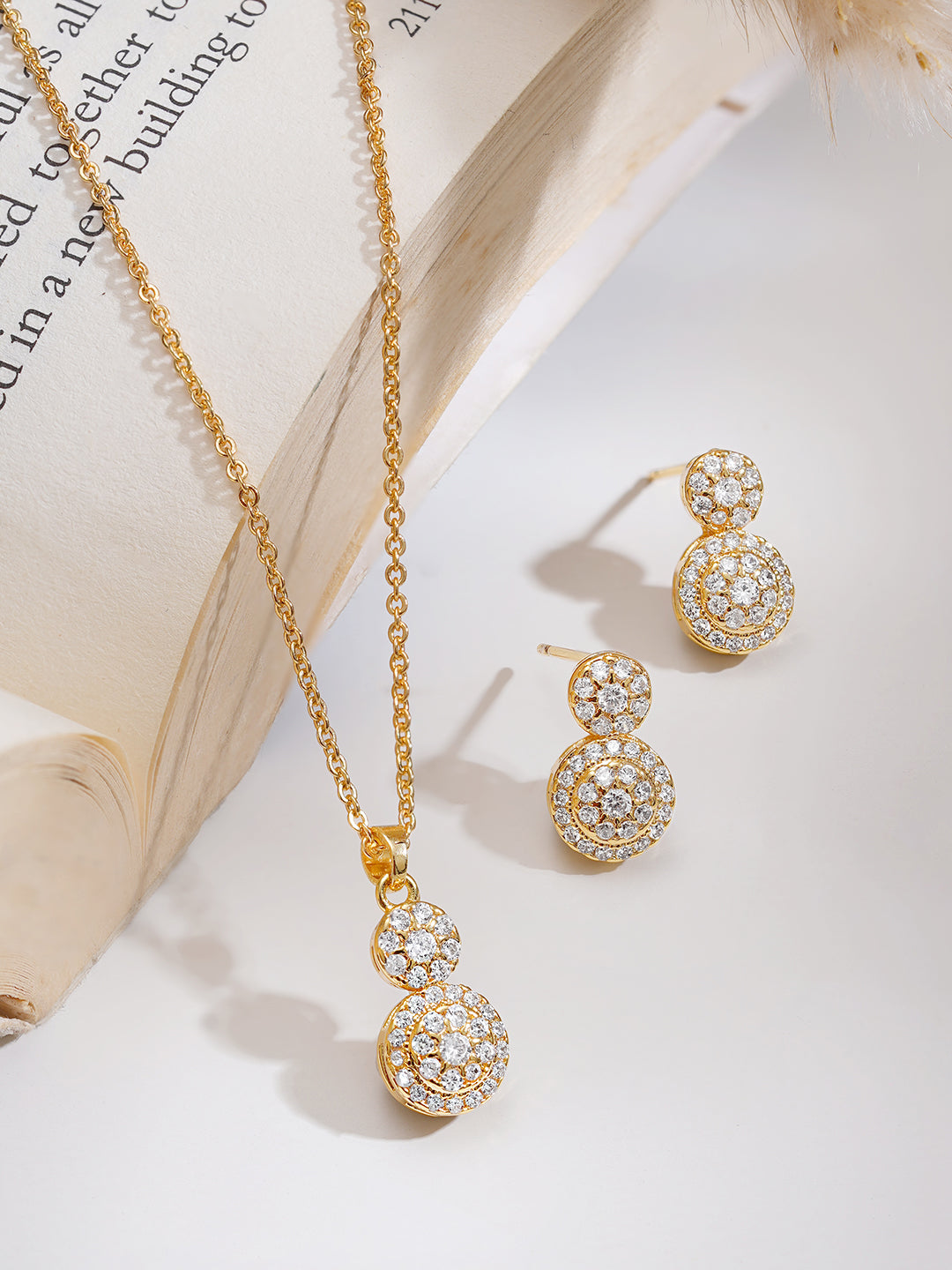 Gold Plated American Diamond Zirconia circular Drop Pendant Set