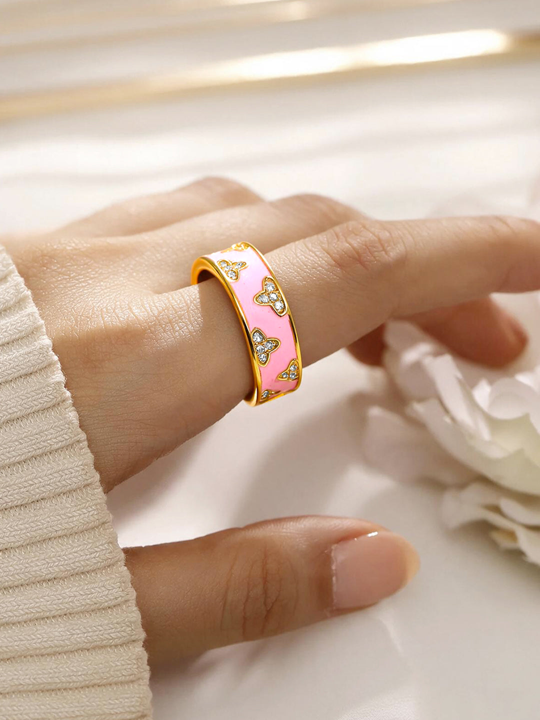 Gold Plated Floral Design Enamel Pink Finger Ring