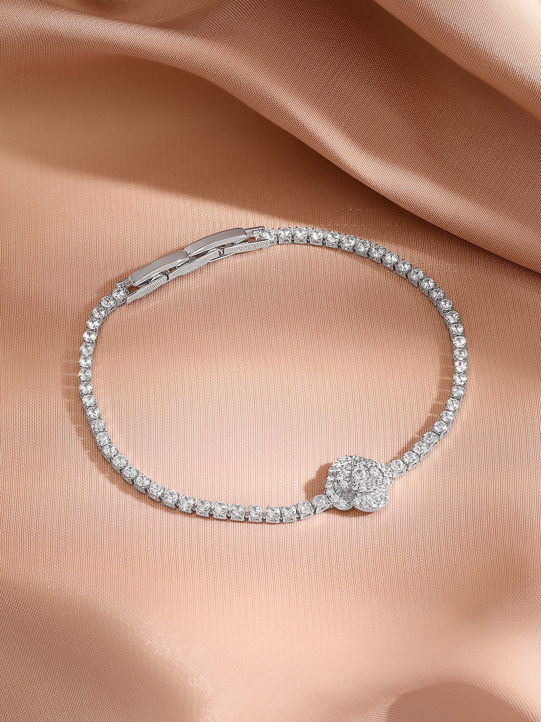 Rhodium Plated Floral Motif Silver Bracelet