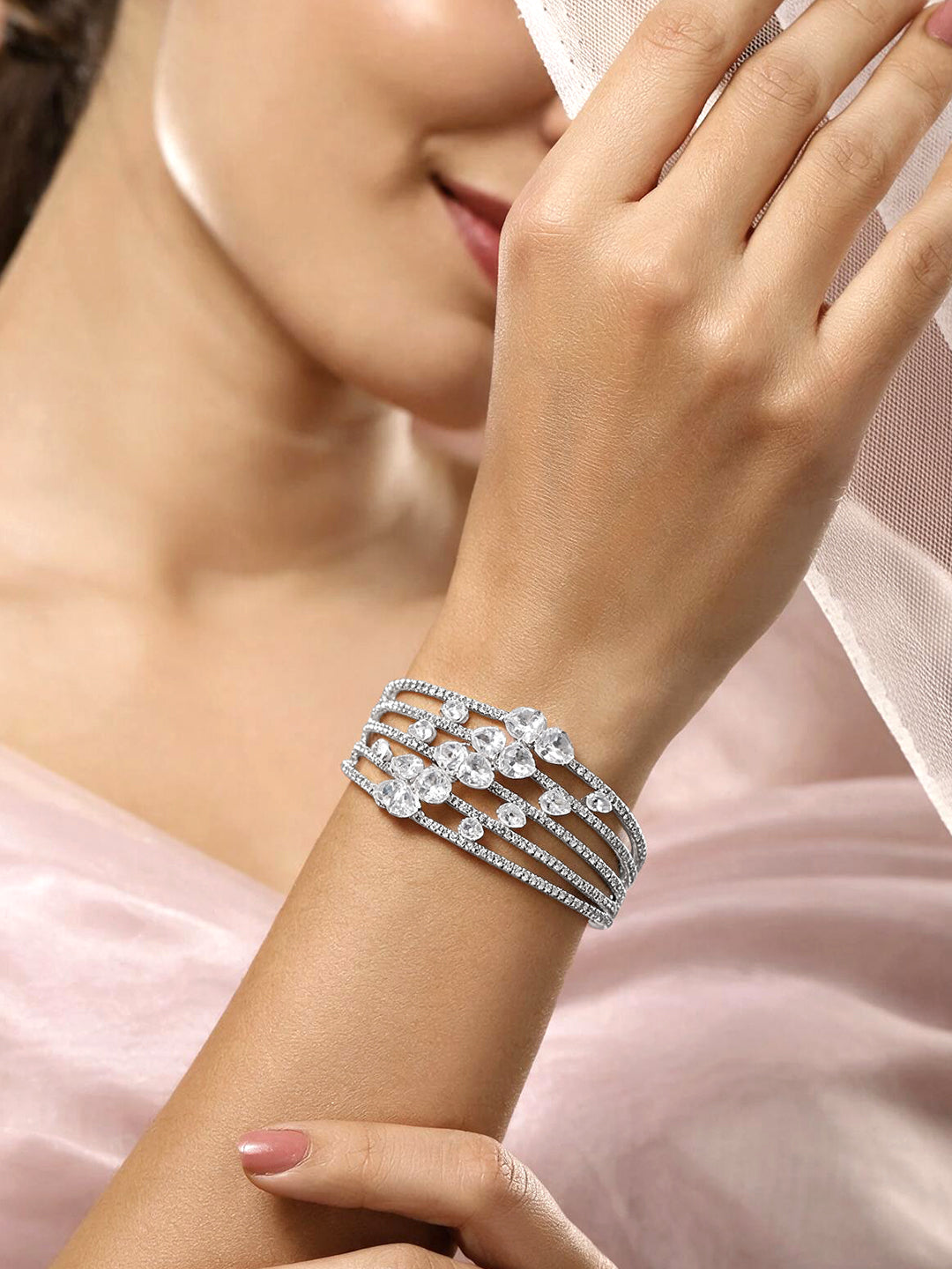 Rhodium Plated Crystal Cascade Statement Bangle