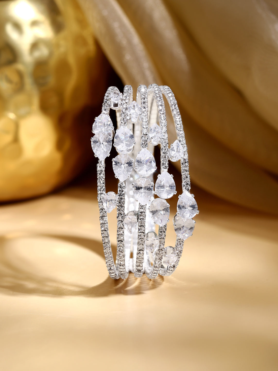 Rhodium Plated Crystal Cascade Statement Bangle