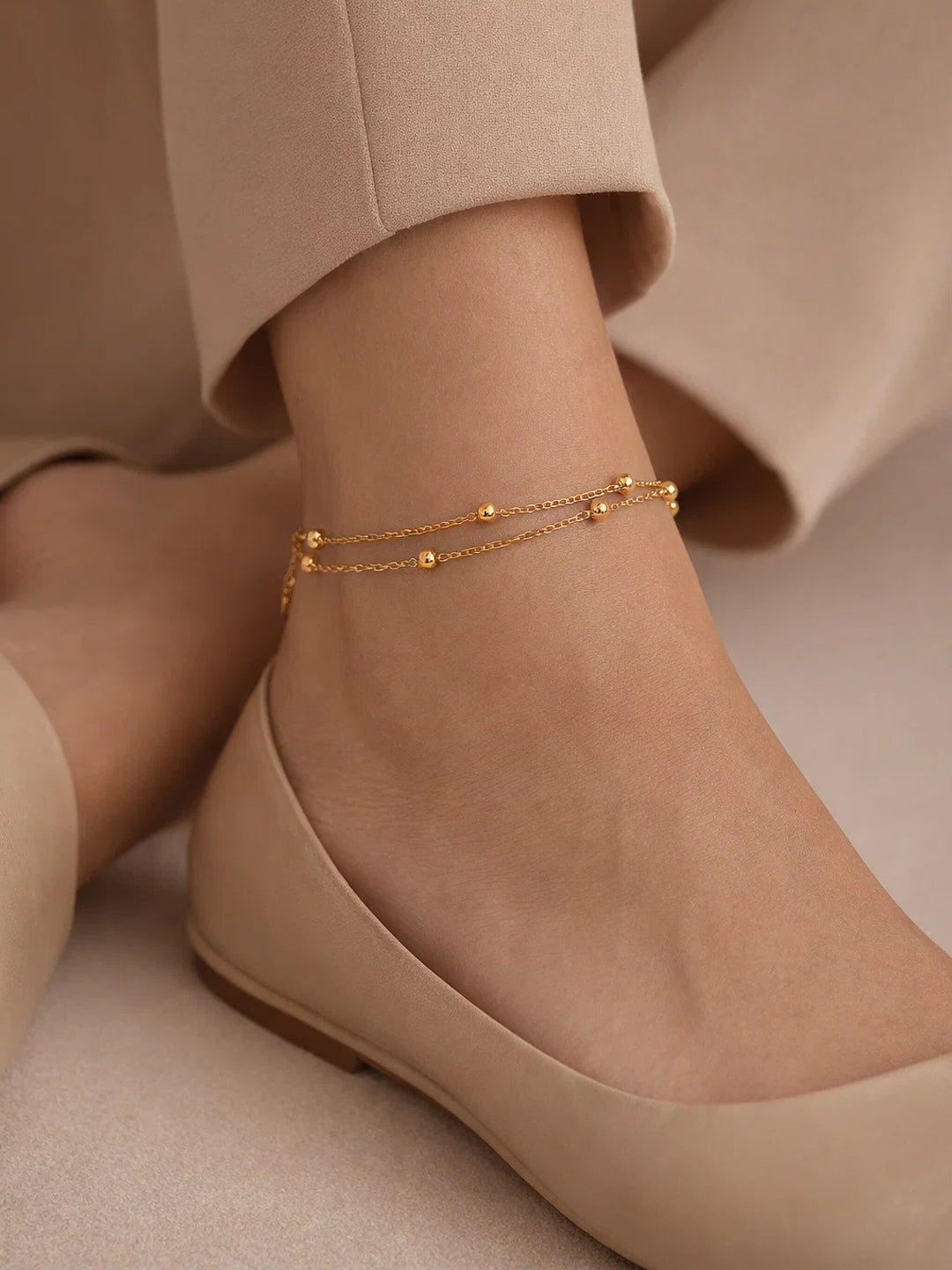 Demi Fine 18K Gold Plated Stainless steel Layered Chain Bead Detail Anklet