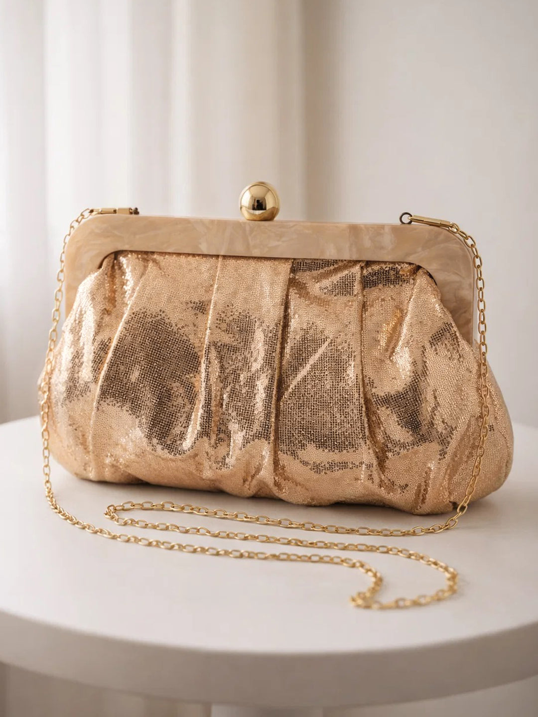 Shimmer Gold Sequin Draped Frame Clutch